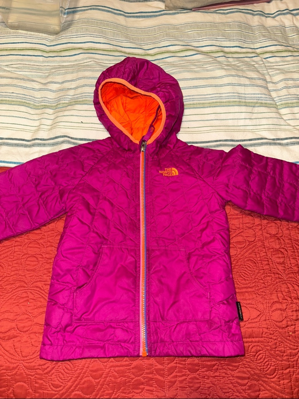 The North Face Girls' Magenta Quilted Hooded Jacket with Orange Trim
